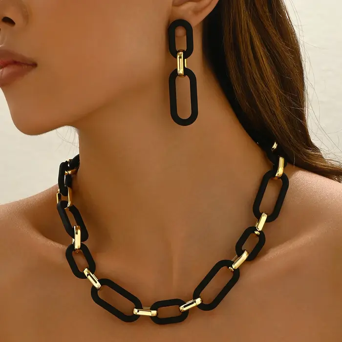 Ensemble de bijoux noirs en résine acrylique, collier et boucles d'oreilles pour femmes, Punk exagér