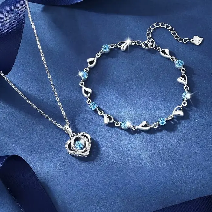 925 en argent Sterling en forme de coeur collier Bracelet ensemble pour les femmes Vintage coréen bleu cristal Bracelets