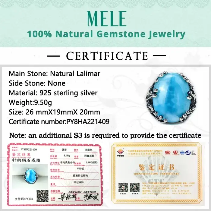 Bague naren argent 925 Larimar naturel pour hommes et femmes