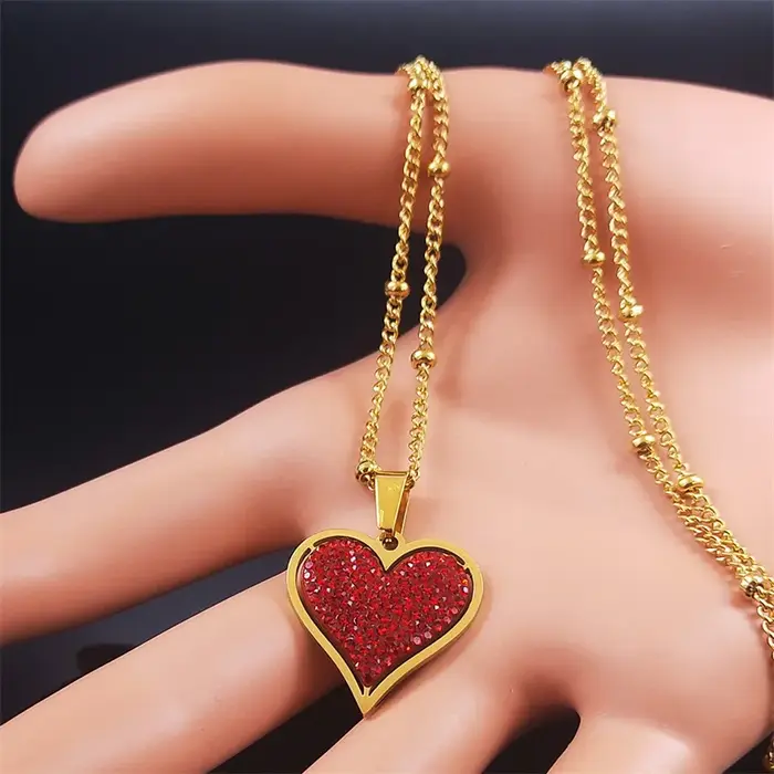 Mode amour coeur rouge en acier inoxydable cristal collier à breloques couleur or petits colliers bijoux