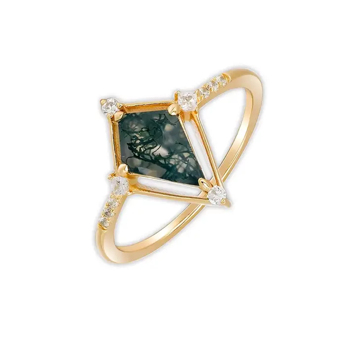 LAMOON-Bague vintage en pierre précieuse naturelle pour femme, style Frace, agate mousse verte, arge