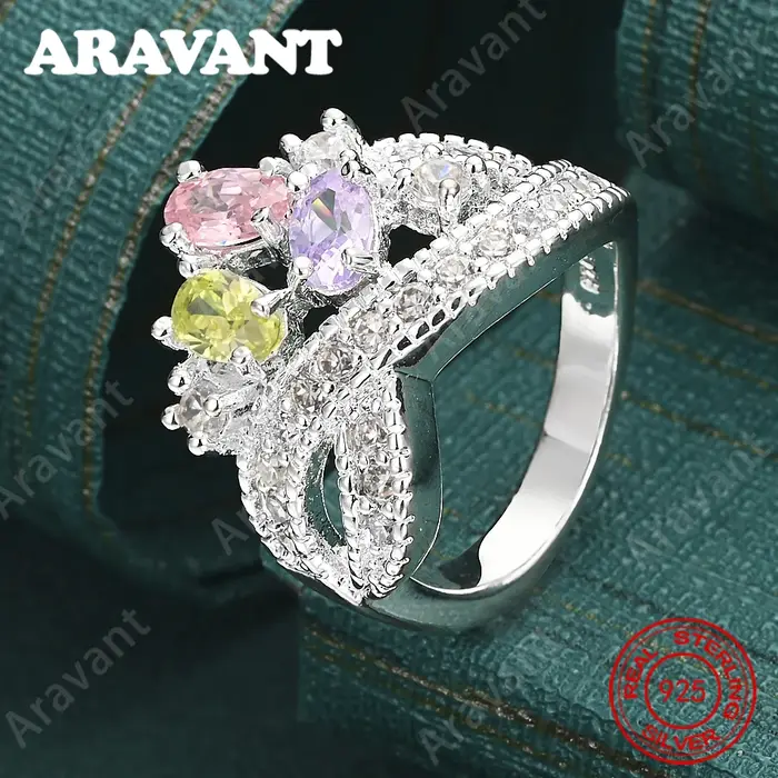 Bague en argent sterling 925 avec zircone ovale tricolore - Un bijou de fiançailles frais et élégant