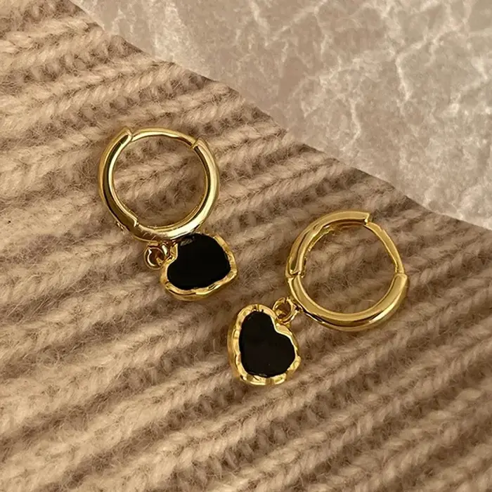 Boucles d'oreilles créoles pendentifs cœur noir couleur or pour femme, bijoux fantaisie élégants pou