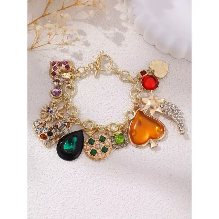 Bracelet à breloque cœur doré exagéré, orné de fleurs et de strass pour des bijoux de soirée élégants