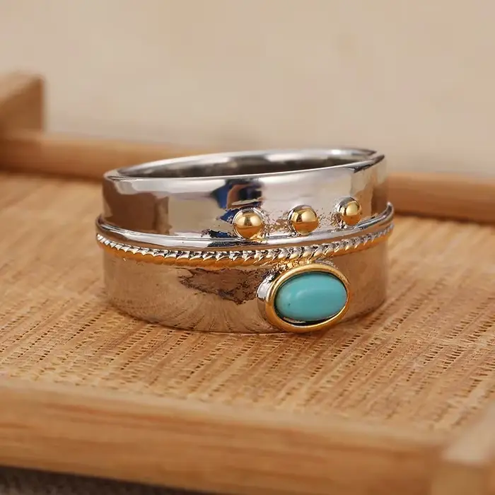 Bague polyvalente de style bohème incrustée de turquoise, bague ethnique vintage plaquée argent pour femme, bijoux de mode décontractés pour les fêtes