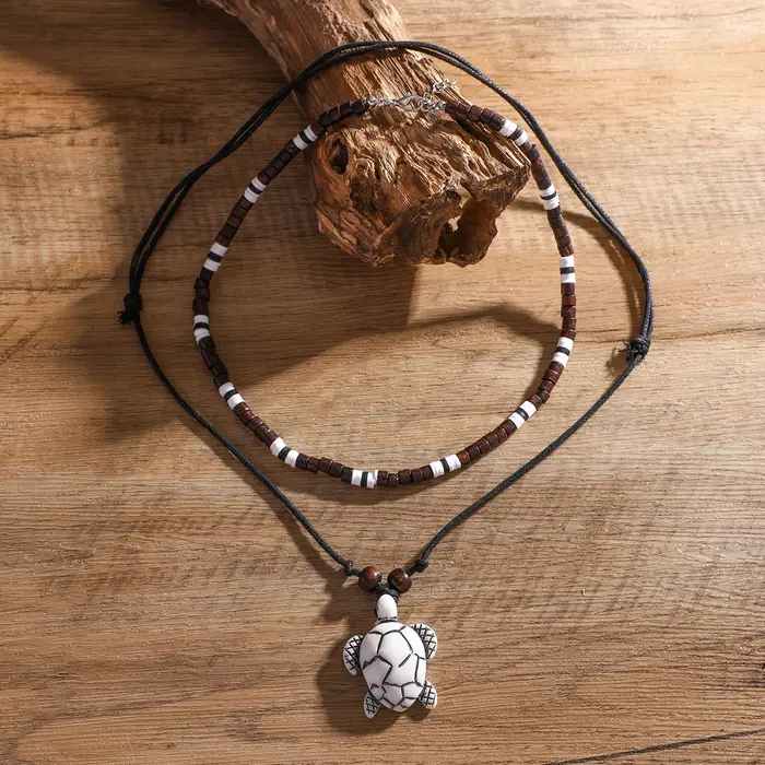 Chaîne de corde et de perles Vintage avec pendentif tortue pour femmes