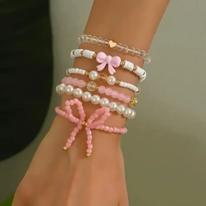 Bracelets à nœud papillon en perles roses Y2K