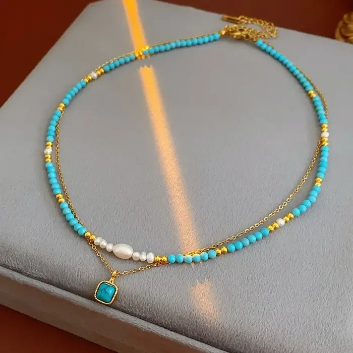 Collier double couche en or 18 carats plaqué turquoise, collier ethnique rétro avec perles imitation