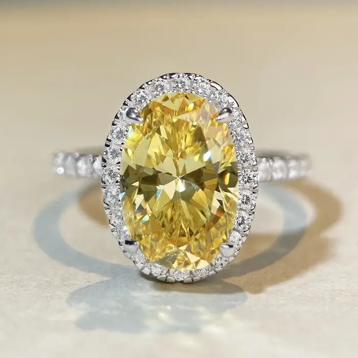 Bague en or blanc massif 14K, 5CT, forme ovale, diamant jaune, bague de fiançailles pour femme, bijo