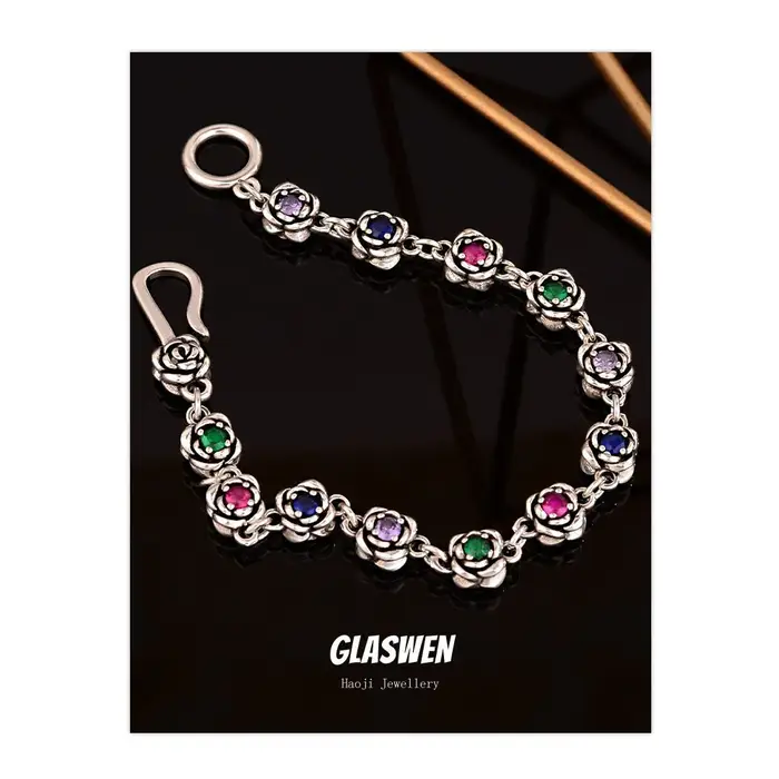 Nouveauté fleur de Rose douce cristal coloré Thai argent dames ensembles de bijoux pour femmes colli