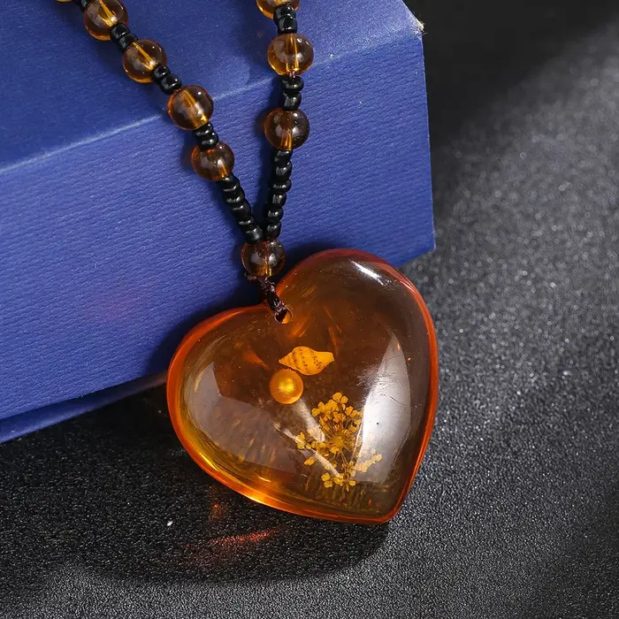 Collier en résine en forme de cœur avec perle ronde et véritable fleur pour femme bijou fantaisie cadeau de fête occaions spéciales