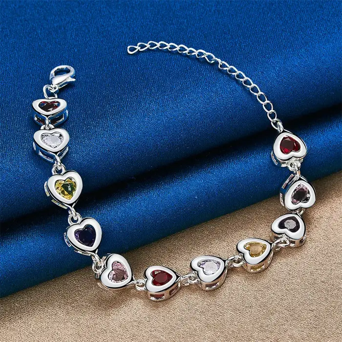 Bracelet en argent sterling 925 avec zircon coloré en forme de cœur bijoux classiques pour femmes occasions spéciales engagement mariage anniversaire