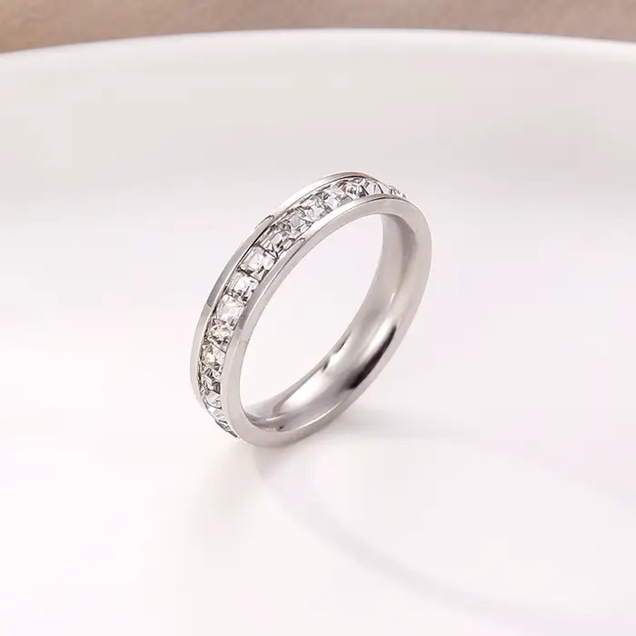 Bague de luxe en acier inoxydable pour femmes, couleur or Rose, Double rangée de Zircon carré, fianç