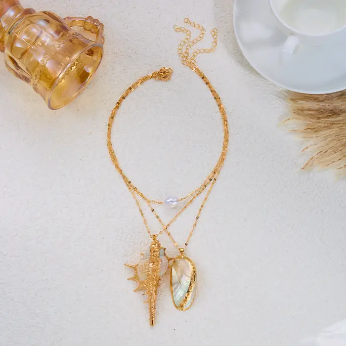 Collier Statement à 3 couches avec breloque en imitation perle coquillage conque pour femme