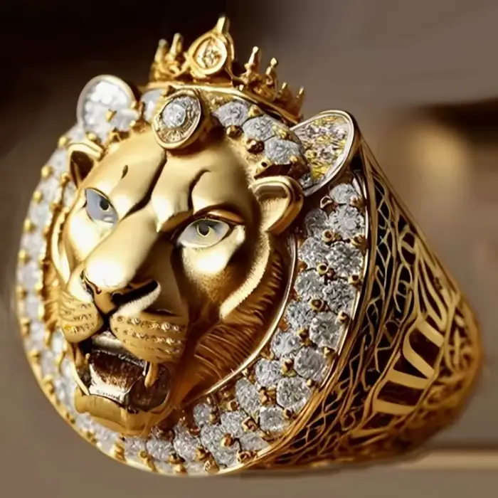 Bague Hip Hop Couronne Lion Doré avec Zircon Cubique Complet, Bijou Tendance pour Hommes et Femmes, 