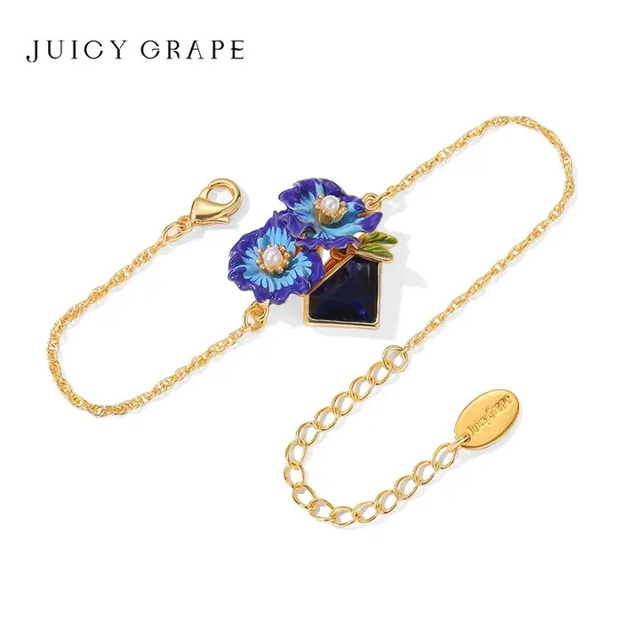 Bracelet Orchidée Raisin Juteux pour Femme, Émail Fait Main avec Pierres Précieuses Bleues, Longueur