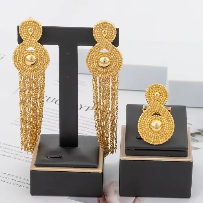 YM – bijoux plaqués or 18 carats pour boîte de nuit, reine, mode luxe, accessoire de bijoux de mariage, ensemble de boucles d'oreilles et bagues à pampilles longues