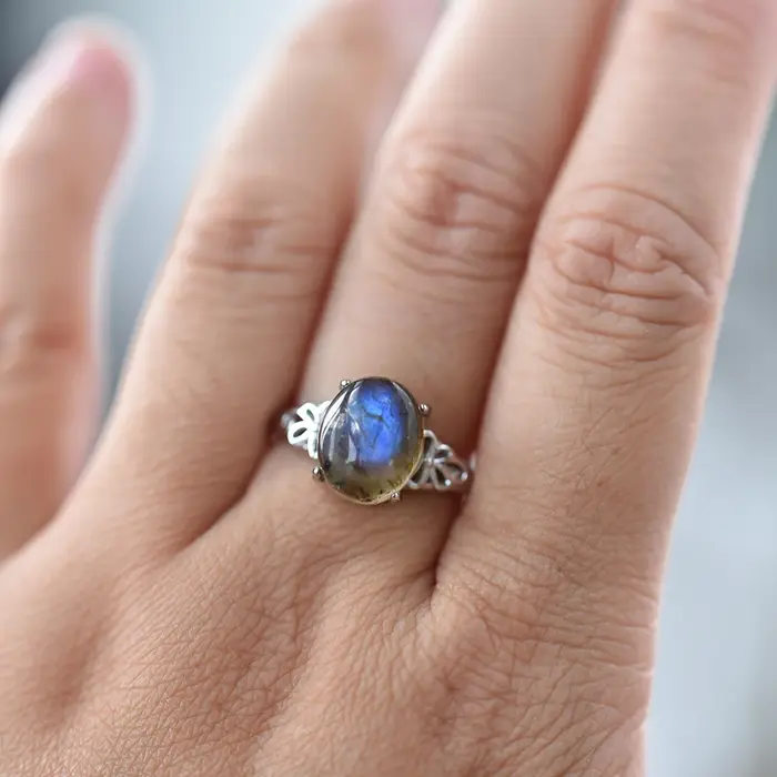 ITSMOS Labradorite fleur anneaux creux ovale pierre précieuse bleu lumière Vintage élégant bande éne
