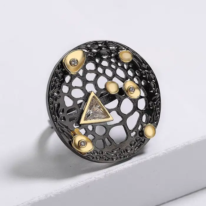 Bague de personnalité exagérée or noir zirconium chromé diopside réglable pour femmes occasions spéciales soirée cocktail