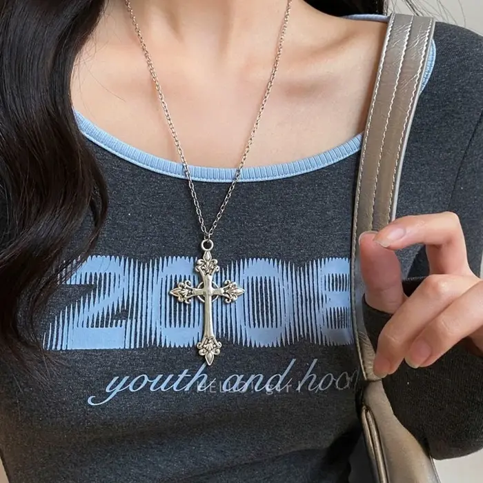 Collier Punk gothique avec pendentifs en croix de Rose pour femmes, ras du cou en argent, Hip Hop Y2
