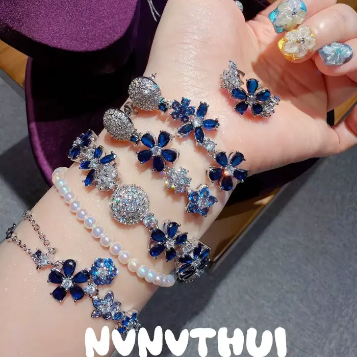 Ensemble de collier et bracelet en pierres précieuses pour femmes, Vintage, fleur bleu Royal