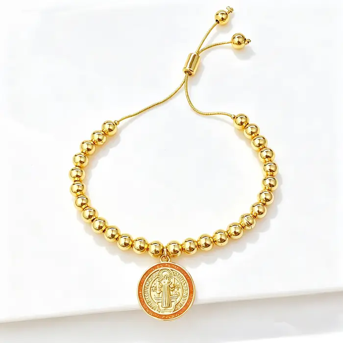 Nouvel Arrivage Bracelet de perles en cuivre avec médaille ronde Saint Benoît en émail, Bijou de pri