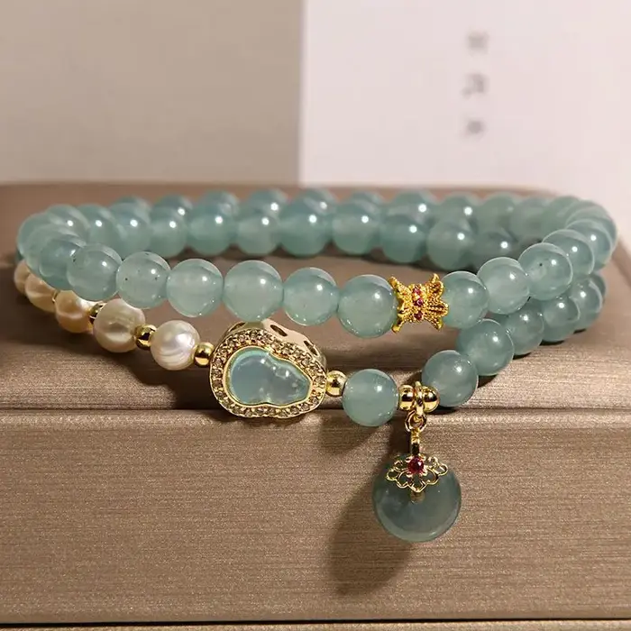 Bracelet double couche en perles de jade bleu clair