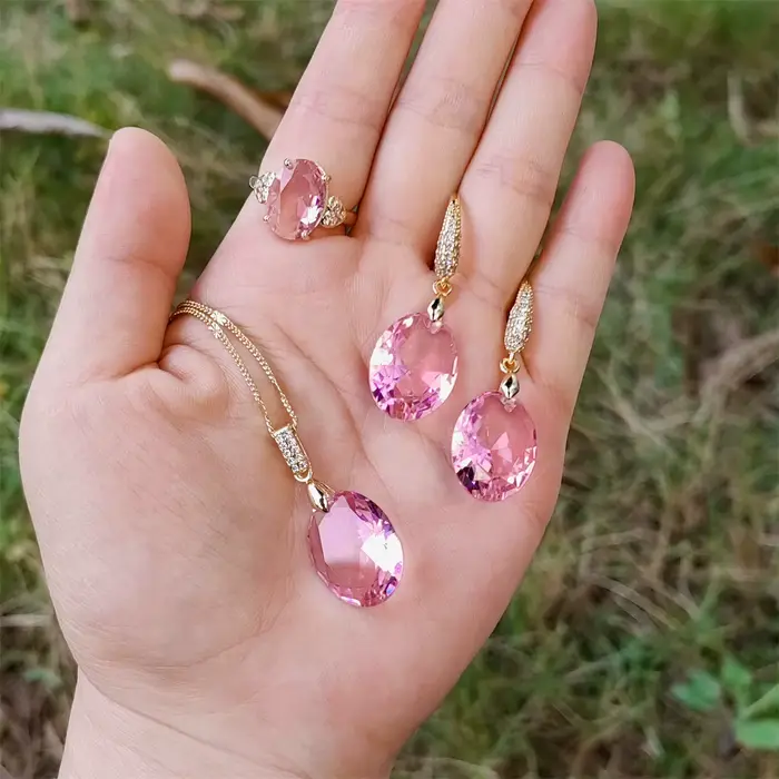 Ensemble de 3 boucles d'oreilles ovales en cristal rose pour femme