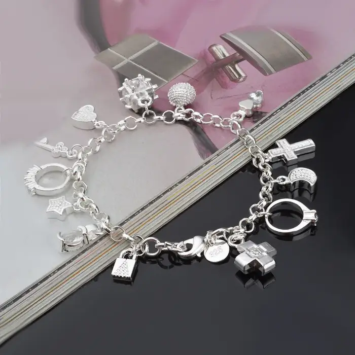 Bracelet tendance en argent sterling 925 avec breloques colorées