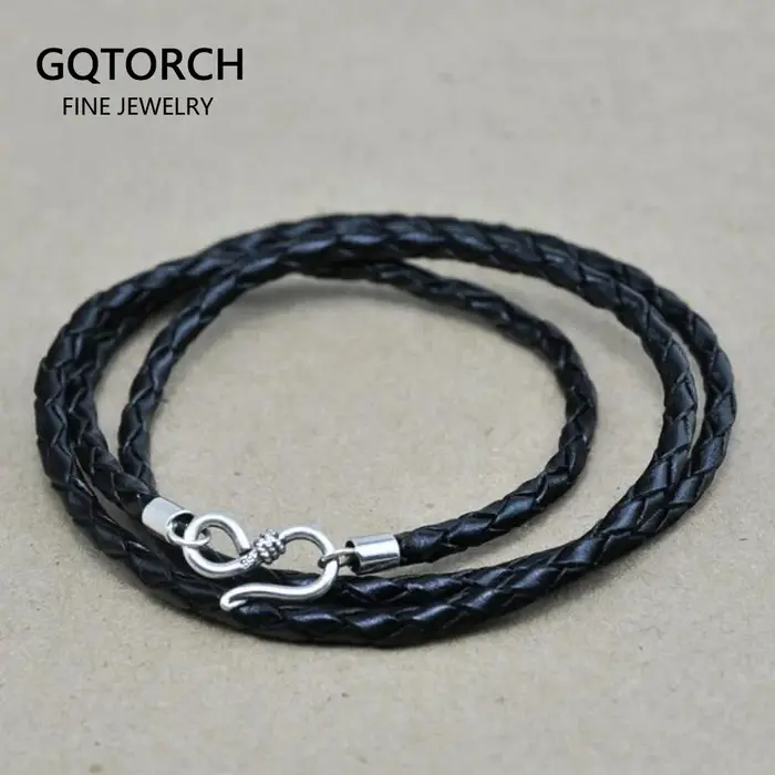 Collier tressé fait main en cuir véritable, ULnoire torsadée, 4 brins, fermoir hameçon vintage en ar