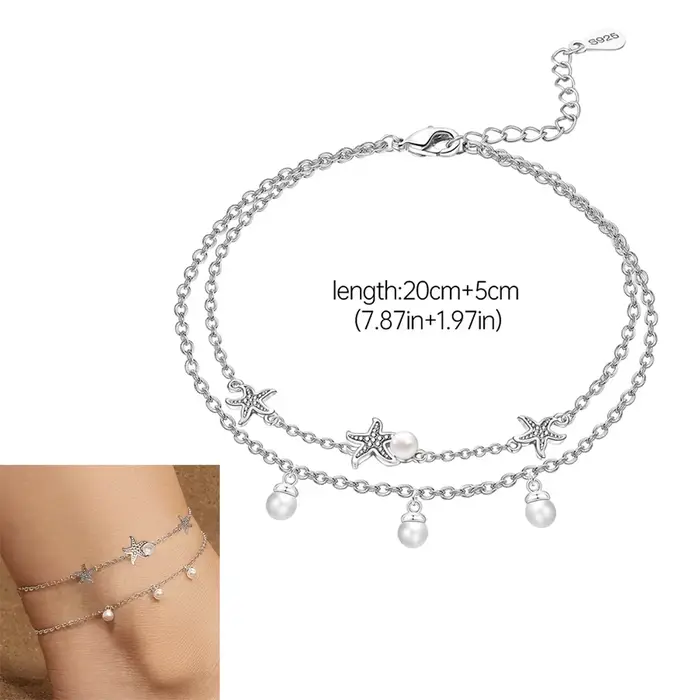 Bracelet de cheville en argent sterling 925 pour femme, motif œil porte-bonheur, style bohème, avec étoile et perles superposées, bijou de plage