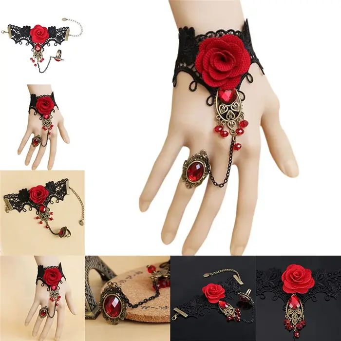 Bracelet Rose Rouge en Dentelle de Style Gothique Élégant, avec Bague Réglable, Nouvelle Collection