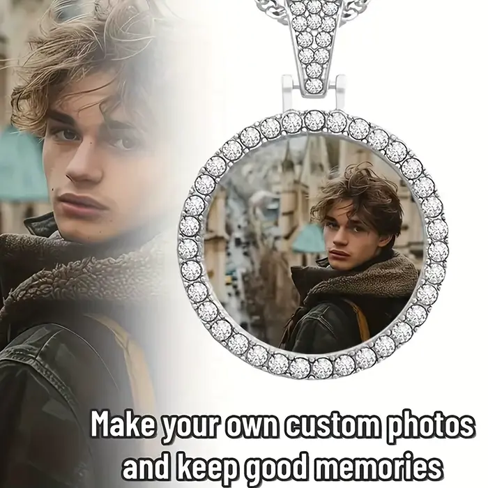 Collier photo personnalisé avec pendentif cadre rond hip-hop