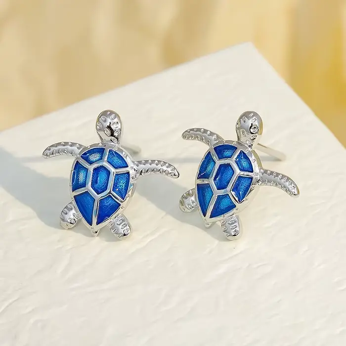 Boucles d'oreilles tortue Animal mignon pour femmes, couleur argent, bleu, rouge, émail, résine, bijoux de fête, de plage