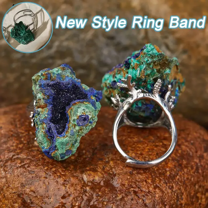 Bague ajustable en argent plaqué or avec géodes d'azurite et de malachite naturelles pour femmes et hommes, occasion spéciale, bohème chic, tracker d'humeur, sommeil et fitness