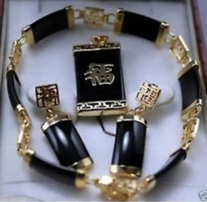 Ensembles de bracelets et boucles d'oreilles porte-bonheur en jade naturel noir, vente en gros