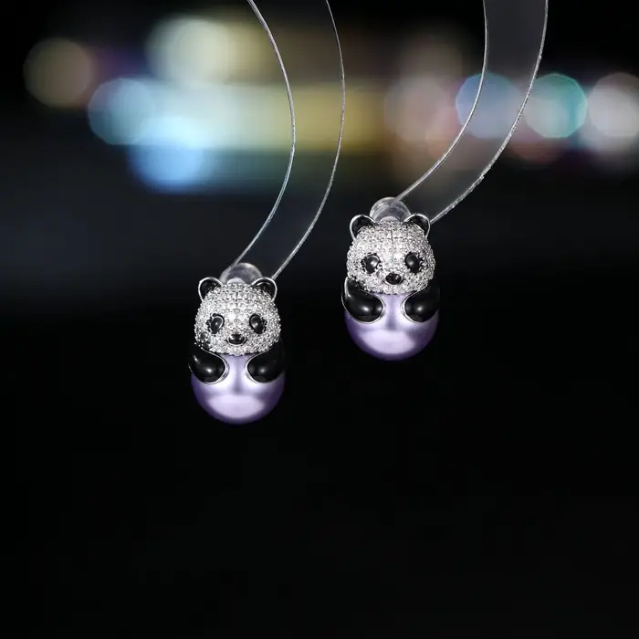 Boucles d'oreilles panda mignonnes en zircon micro-pavé et perles, aiguille en argent S925, accessoi