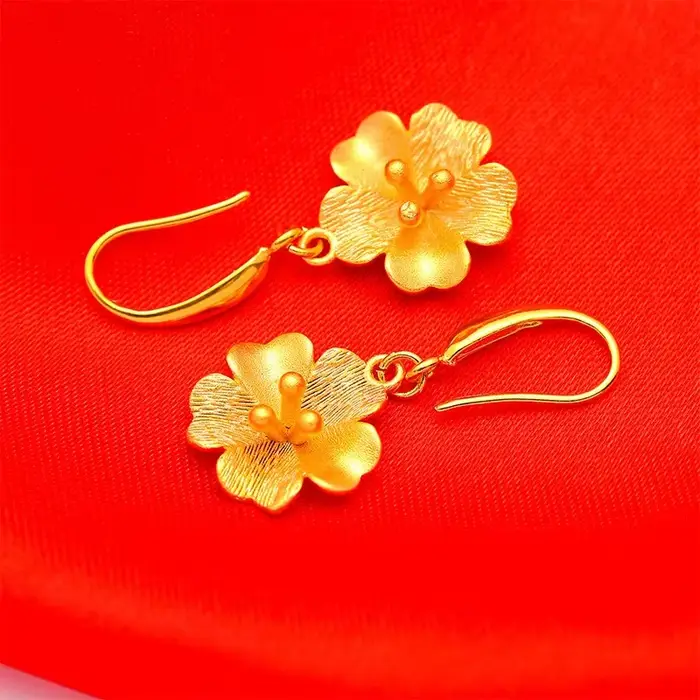 Véritable 18k couleur or fleur longue boucle d'oreille pour les femmes mariée mariage usage quotidien plaqué or boucle d'oreille bijoux cadeaux