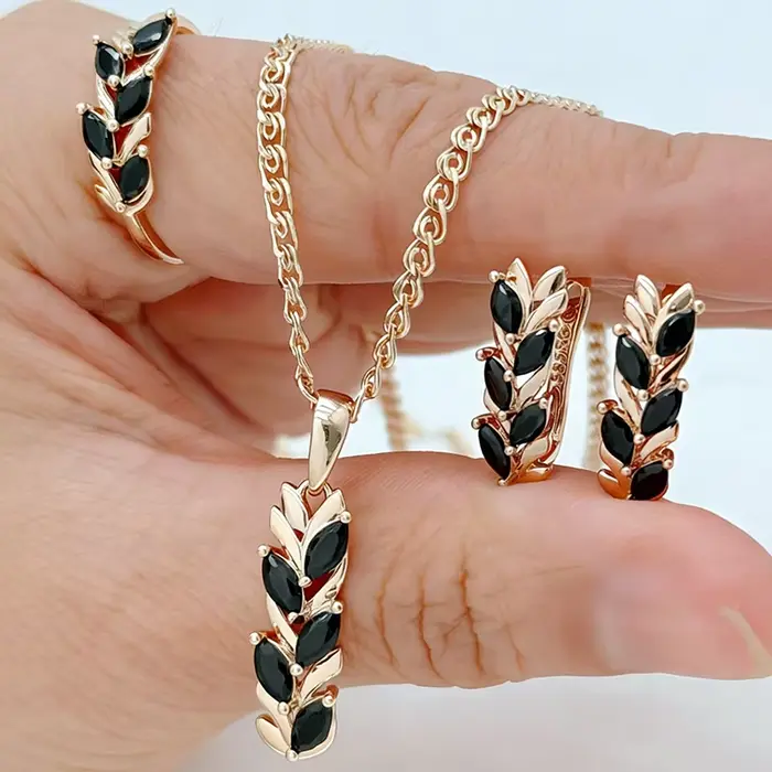 Kinel Hot 585 – Parure de bijoux ethniques vintage couleur or rose pour femme, avec zircon noir natu