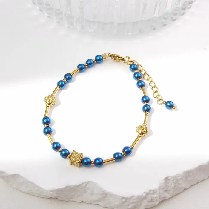 Lii Ji – Bracelet en acier inoxydable avec perles bleues Aurora, bijoux faits à la main, à la mode, 