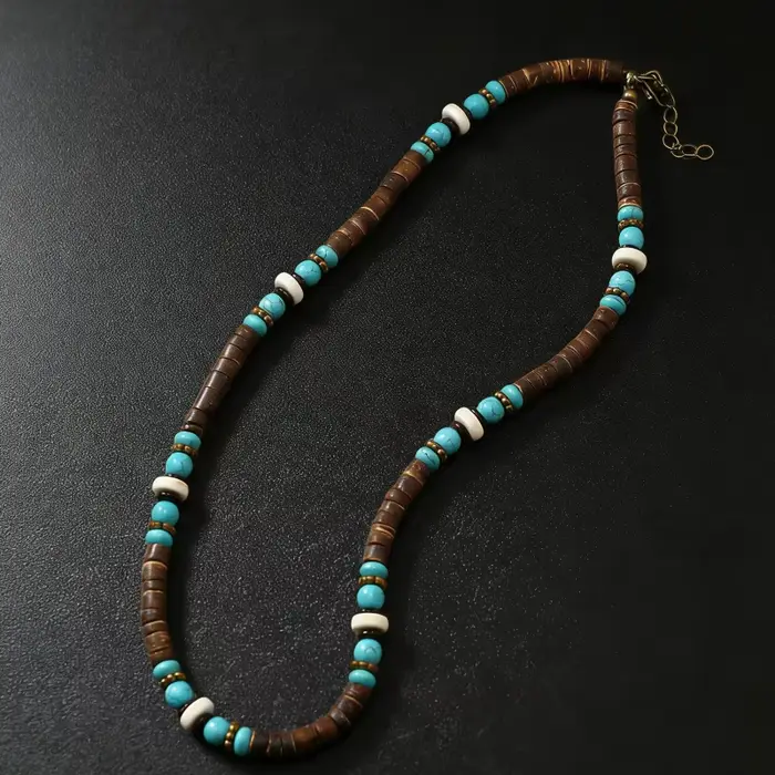 Collier ras du cou tendance pour homme en perles de bois et coquillages de noix de coco marron et bl