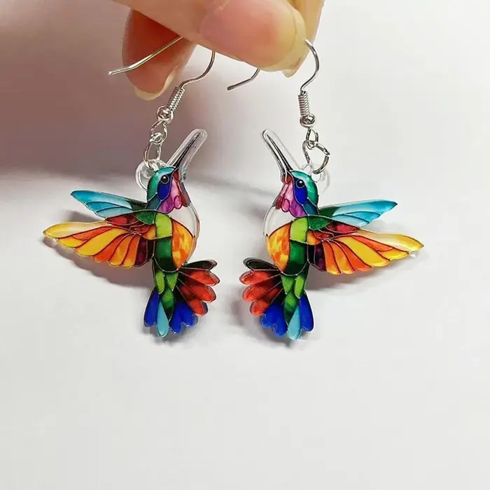 FTCY acrylique colibri boucles d'oreilles pour femmes Style rétro coloré oiseau boucles d'oreilles f