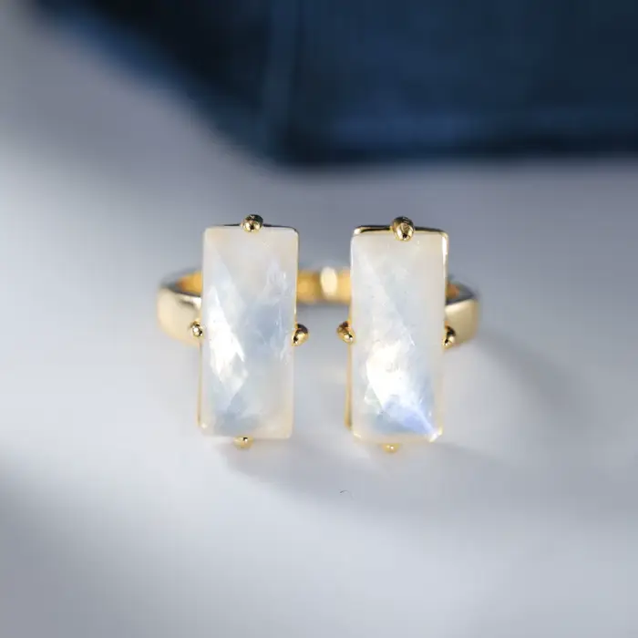 Bague de fiançailles en pierre de lune naturelle, coupe Baguette, en argent Sterling 925, bande régl