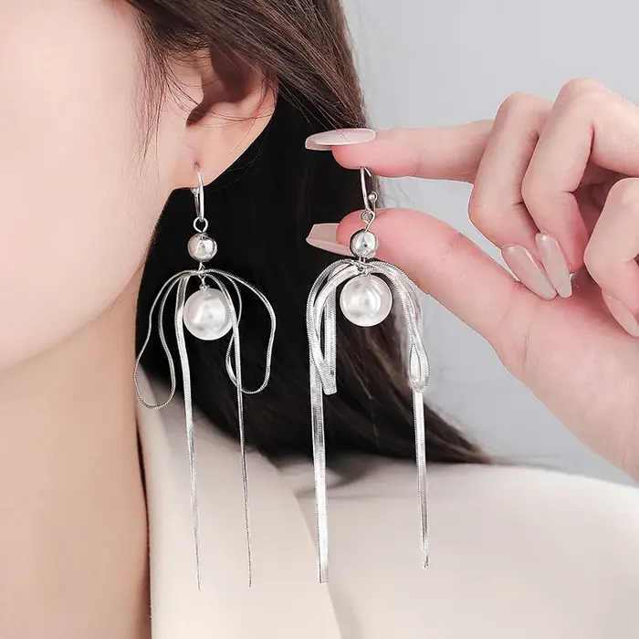 PANJBJ-Boucles d'oreilles en argent regardé 925 pour femmes, boucles d'oreilles en perles, glands, n