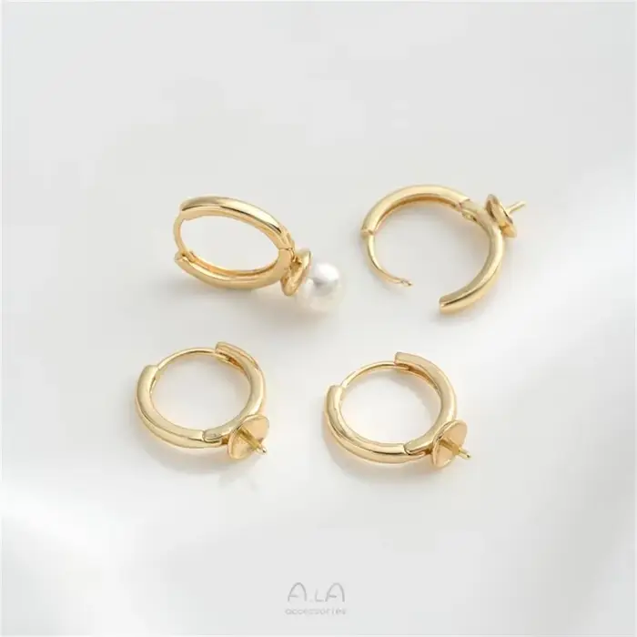 Boucle d'oreille en perles demi-trou incrustée de Zirconium plaqué or 14K, boucle de cosse sans yeux