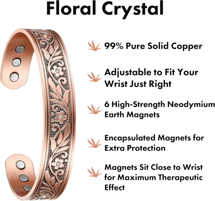 Bracelet Manchette Vintage en Cuivre Pur Motif Floral Plaqué Argent Implantation Thérapie Magnétique Pour Femmes Occasions Spéciales