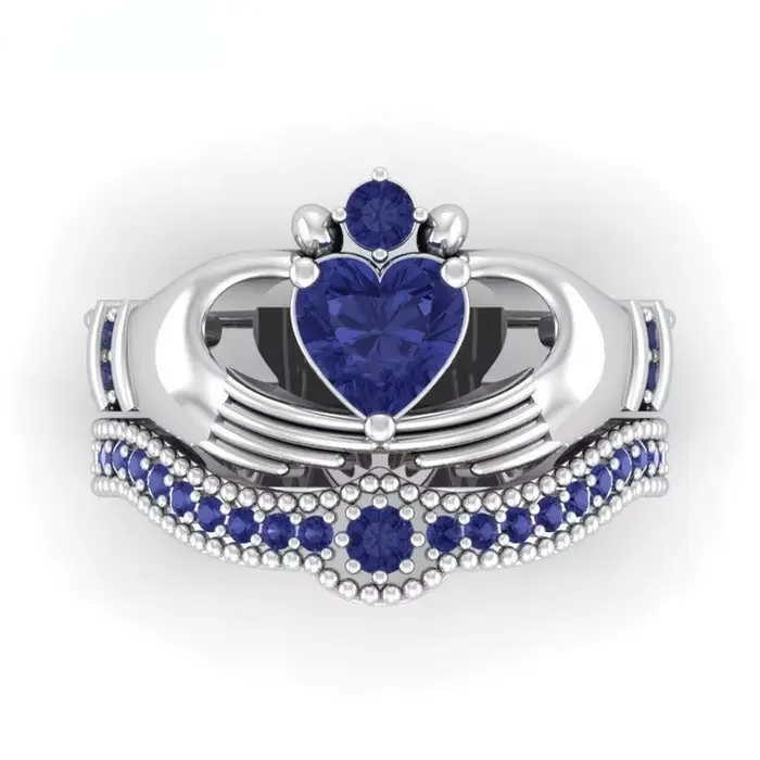 Ensemble de bagues Claddagh en saphir de laboratoire Queen Heart, or blanc 10 carats, bagues de fian