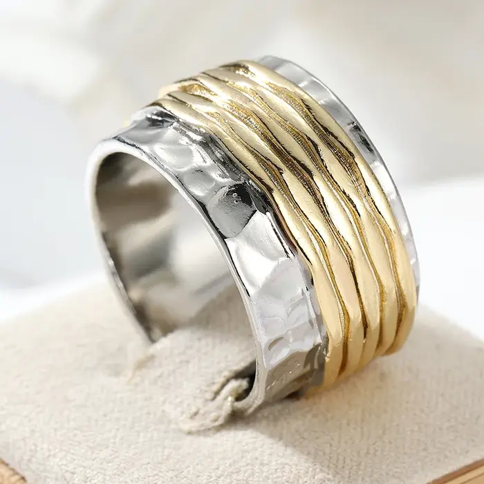 Bague classique pour femme sculptée à la main, bijou ethnique en métal bicolore, géométrique, pour l