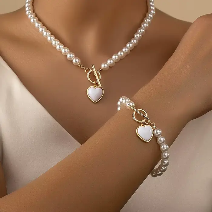 Ensemble de bijoux pour filles, 2 pièces, collier de perles d'imitation, Bracelet, pendentif élégant