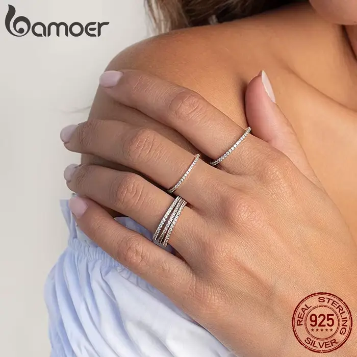 BAMOER 925 bagues empilables en argent sterling entièrement pavées de diamants simulés